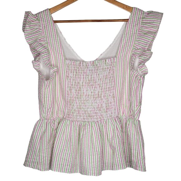 Draper James RSVP Size XL Pink / Green Striped Women's V-Neck Smocked Top - Picture 2 of 4